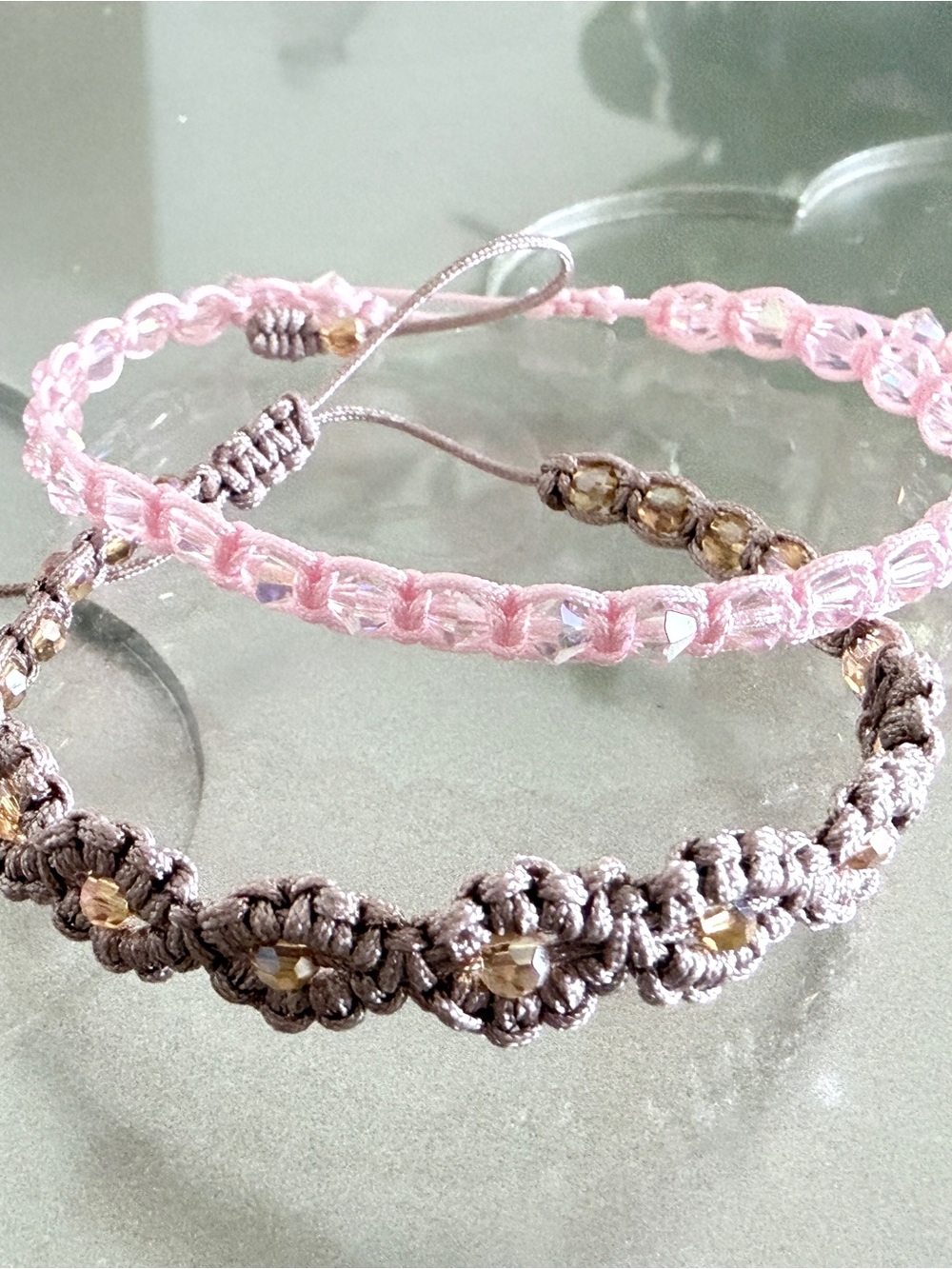 Pink and Taupe Beaded Macrame Bracelet Duo